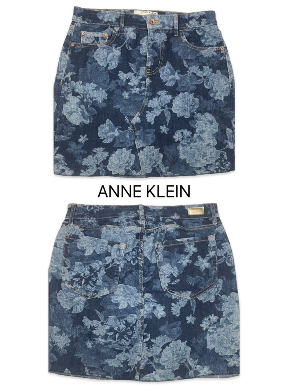 Anne Klein Indigo Floral Mini Skirt Size 8 Denim Raw Hem Classic 5 Pocket